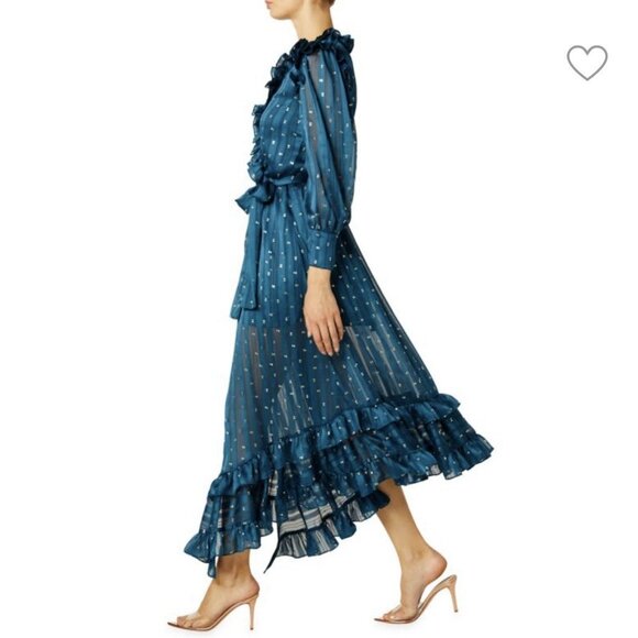 MISA Gabriella Asymmetric Striped Wrap Midi-Dress Chiffon Ruffles - Picture 11 of 12